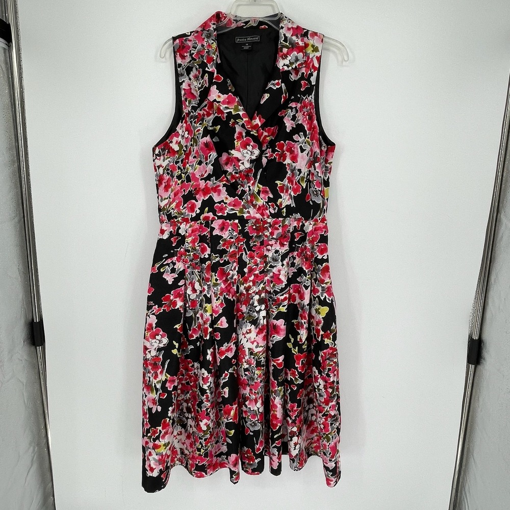 Jessica Howard Women's Black Floral Notch Lapel Sleeveless Shirt Dress Size 14